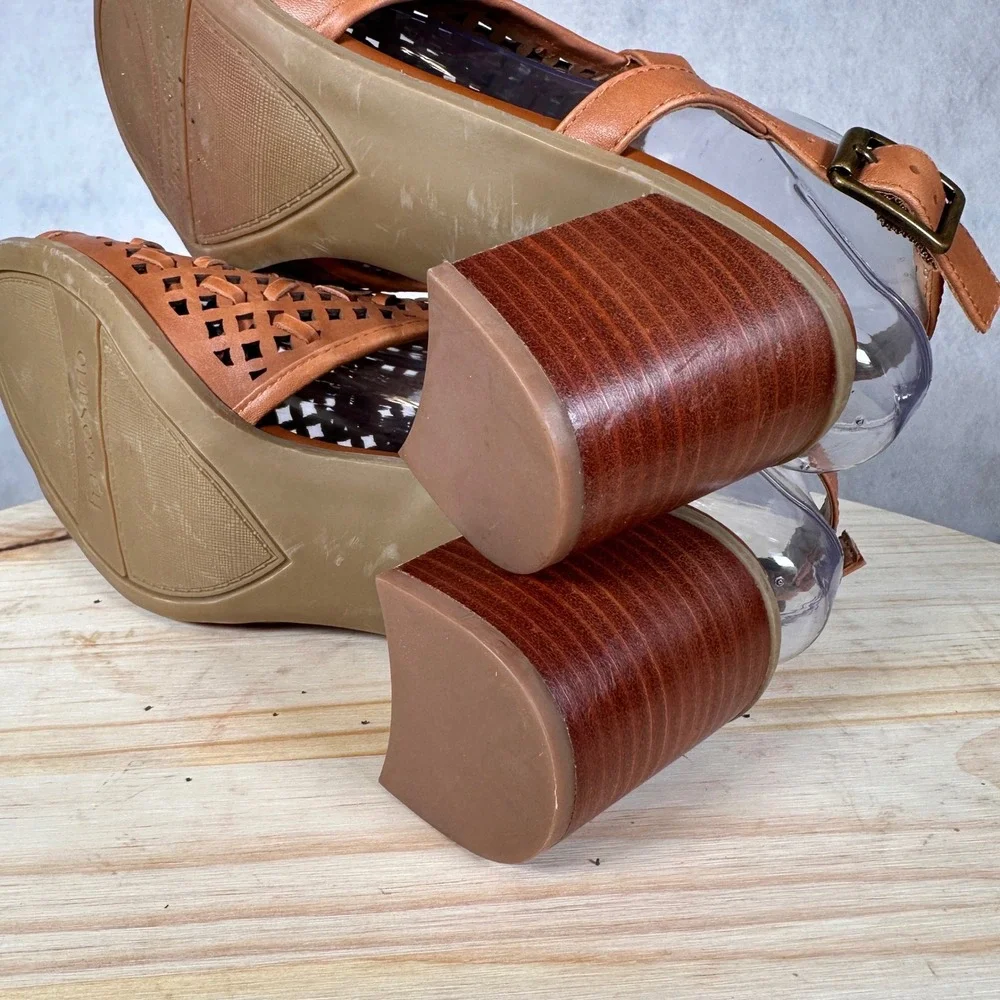 Franco Sarto Harlett Sandals Womens 8M Brown Leather Woven Block Heel Good